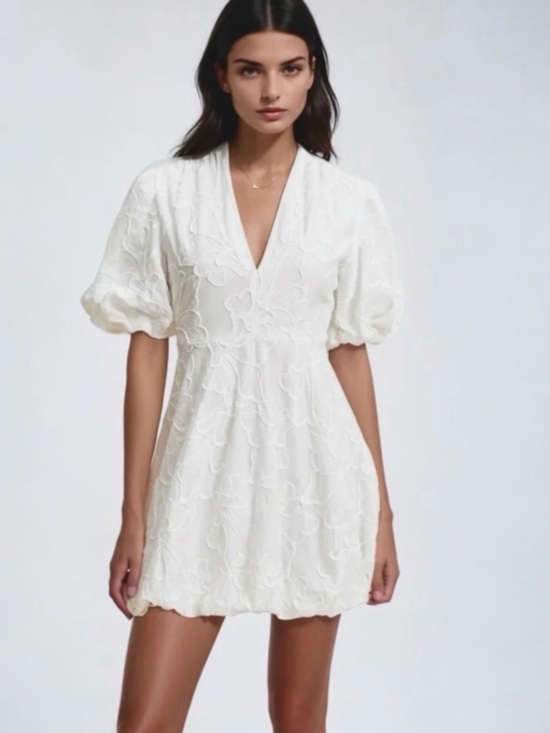 Christian Lacroix Dresses & Skirts - Christian Lacroix Floral Embroidery V Neck Puff Sleeve  Bubble Hem Mini Dress